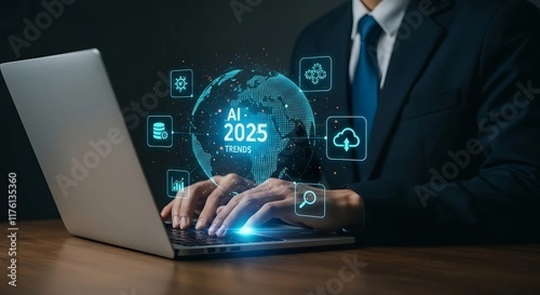 Fototapeta Future AI Trends for 2025 .A professional interacting laptop displays icons analytics ,cloud computing ,automation ,data management ,business strategies ,growth ,security ,data storage and technology
