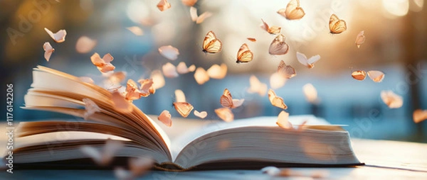 Fototapeta Open book with butterflies and flying paper, magical scene.