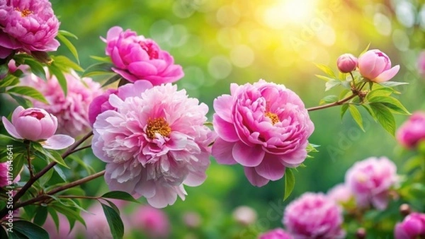 Fototapeta Vibrant peonies in bloom amidst lush greenery in an Asian-inspired garden, with delicate cherry blossoms gently swaying above , spring flowers, floral arrangement