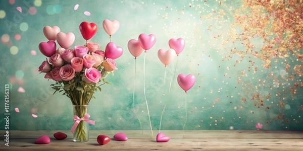 Fototapeta Whimsical floral arrangement with heart-shaped balloons and pink confetti in a vintage style background, red, decoration