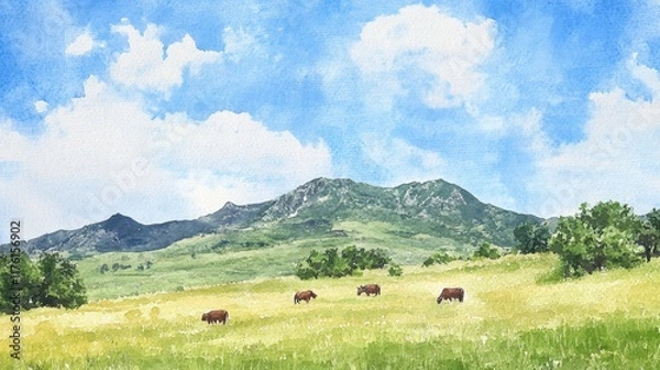 Fototapeta A group of cows are grazing in a field