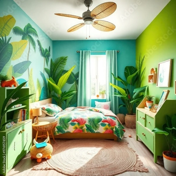 Obraz a lively and inviting bedroom that embraces a tropical theme. Wall Murals. Bed. Rug. Bookshelf. Seating Area. Ceiling Fan. Natural Light.