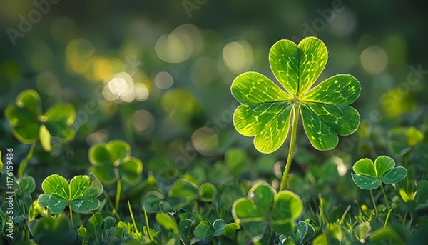 Obraz close-up view of a four-leaf clover plant illuminated by sunlight.