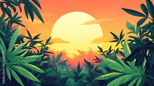 Fototapeta Generative illustration of cannabis plants with green leaves surrounded by a lush field at sunset
