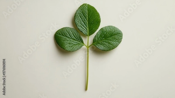 Fototapeta Three vibrant green leaves with prominent veins on a stem, arranged on a light beige background.