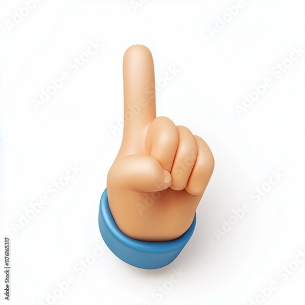Fototapeta A cute cartoon-style icon with a 3D rendering of a hand making a gesture of extending the index finger to point upwards. Isolated on white background.