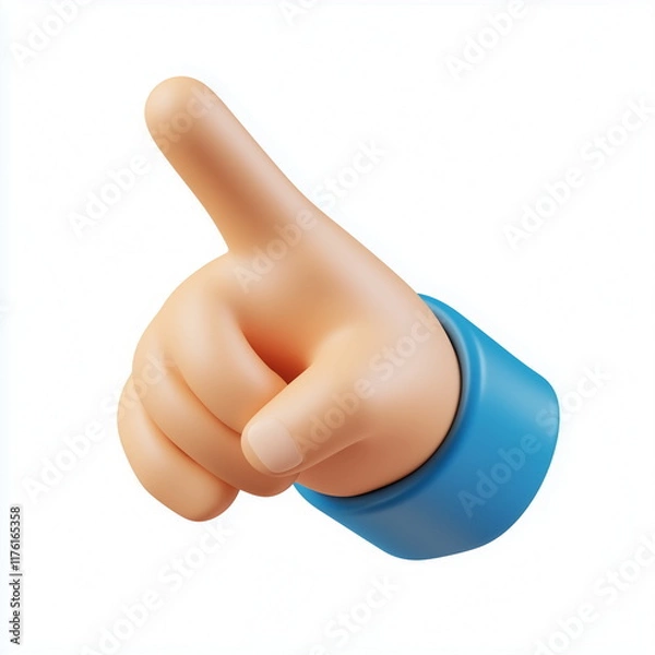 Fototapeta A cute cartoon style icon of a 3d rendering of a hand making a pointing gesture with the index finger extended. Isolated on white background.