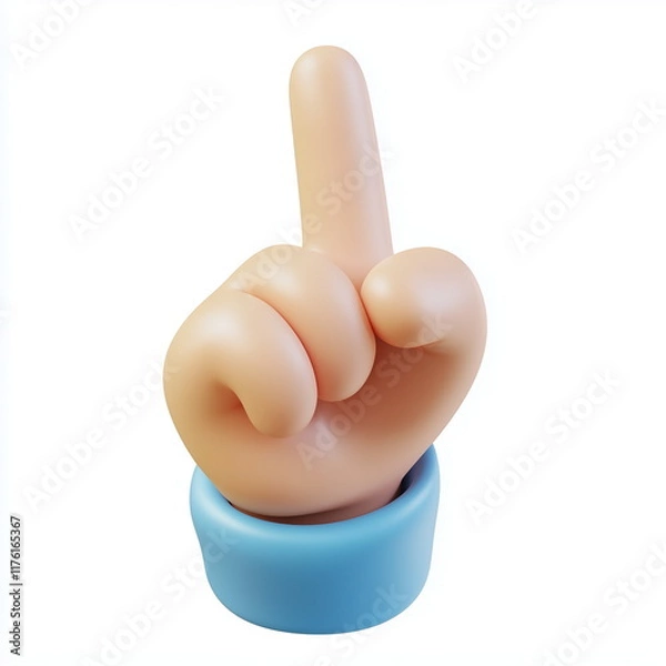 Fototapeta 3D rendering of a hand making a gesture pointing upwards in a cute cartoon style. Isolated on white background.