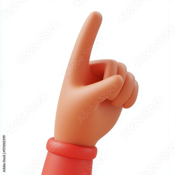 Fototapeta 3D rendering of a hand making a gesture pointing upwards in a cute cartoon style. Isolated on white background.