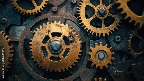Fototapeta Close-up of intricate, rusty, golden gears interlocked in complex mechanism.