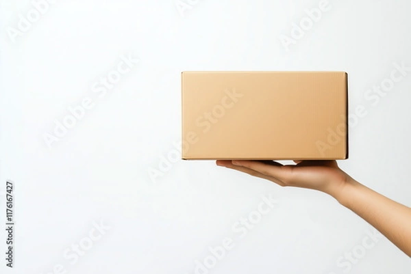 Fototapeta A box on one hand of a delivery service man. Isolated on white background. 