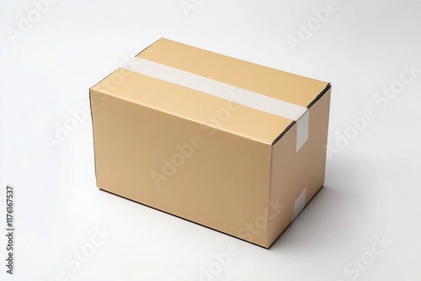 Fototapeta Close-up of a brown rectangular parcel box sealed with tape. Isolated on white background.