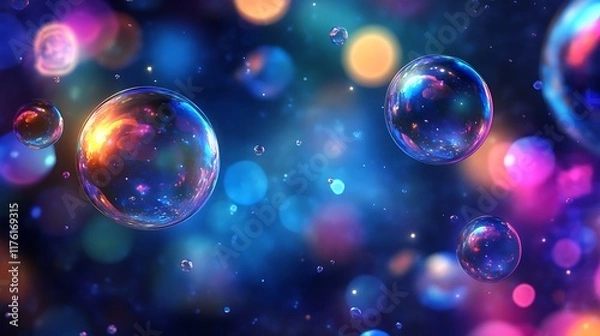 Fototapeta Shiny blue abstract 3D shapes evolving in space with a colorful, fluid backdrop