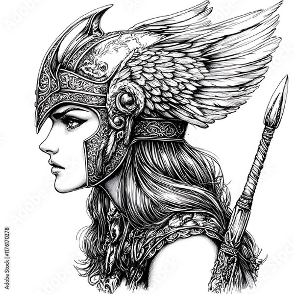 Fototapeta Profile of a Valkyrie in Ornate Helmet and Winged Headpiece, Holding a Spear.
