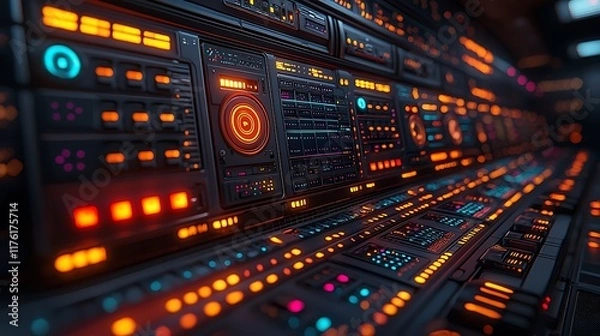 Obraz Futuristic control panel interface, digital technology, dark background, sci-fi setting, website banner