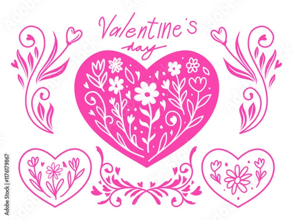 Fototapeta Floral heart designs with decorative swirls and text "Valentine's Day," featuring intricate pink patterns for a romantic and elegant touch