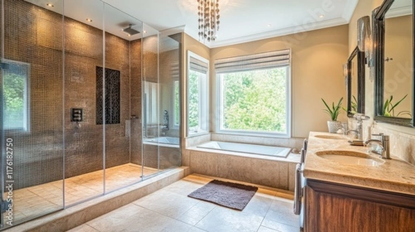 Obraz A large bathroom with a glass shower stall and a tub