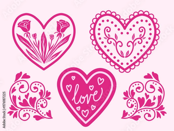Fototapeta Seet of five pink heart designs featuring floral patterns, swirls, and the word "love" in a hand-drawn style. Perfect for Valentine's Day, greeting cards, and romantic-themed designs.