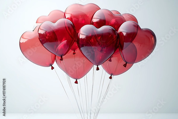 Fototapeta Cluster of shiny red heart-shaped balloons floating on a clean white background, ideal for Valentine’s Day, love-themed celebrations, and festive designs