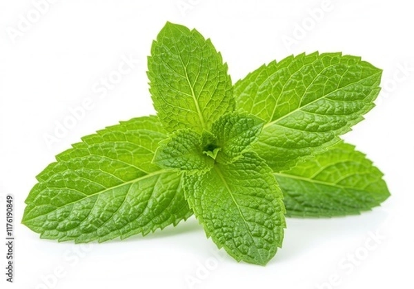 Fototapeta Vibrant fresh mint leaves on white background
