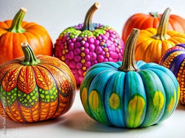 Obraz Colorful Pumpkins with Gel Pen Art - Autumn Harvest Still Life