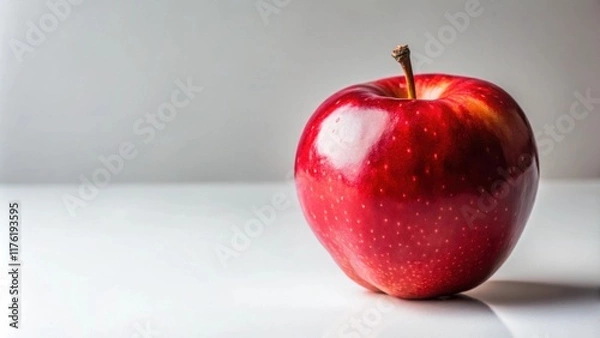 Fototapeta A Single Red Apple Against a Clean White Background, Featuring a Glossy Finish and Subtle Light Reflections
