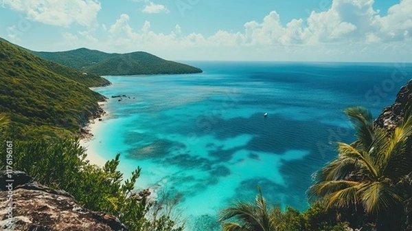 Fototapeta A beautiful blue ocean with palm trees in the background