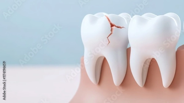 Fototapeta A close-up of two teeth, one with a visible crack, highlighting dental health and the importance of tooth care.