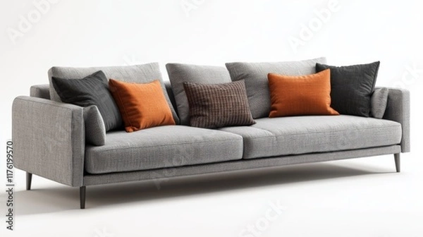 Fototapeta A gray and black couch with orange pillows on it