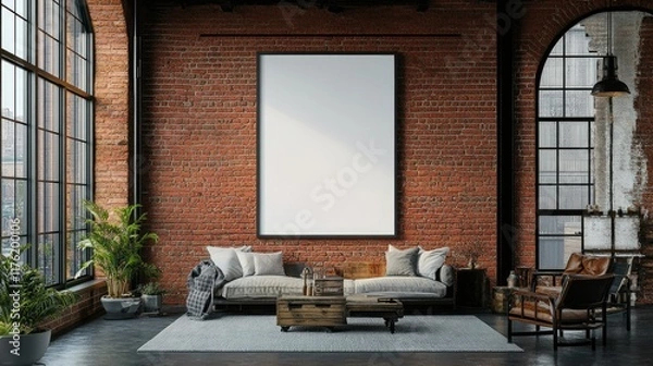 Fototapeta Cozy Industrial Living Room with Blank Canvas, Exposed Brick Wall, Wooden Furniture, Green Plants, and Large Windows Bathed in Natural Light