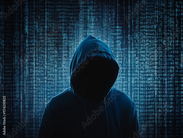 Fototapeta Explore the shadowy presence of a cyber hacker silhouette portraying an anonymous attacker involved in digital hacking and network-related cybercrime activities