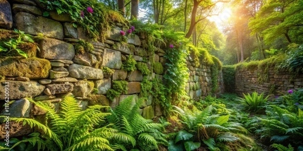 Obraz A Stone Wall Glowing with Sunlight, Lush Green Ferns and Vines, and Blooms of Purple Flowers