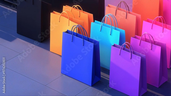 Obraz Colorful gradient shopping bags arrangement, Modern retail marketing concept