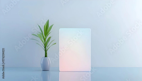 Fototapeta A minimalistic interior scene featuring a potted plant beside a luminous panel against a soft blue background.