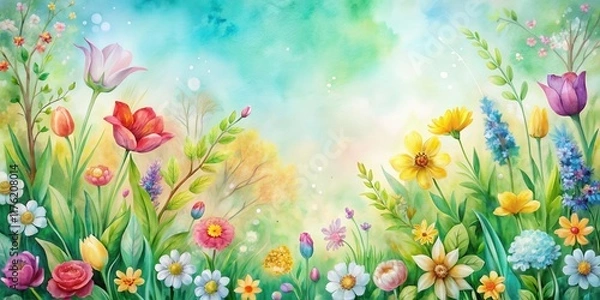 Fototapeta Colorful watercolor painting on a spring background with blooming flowers and greenery , painting, greenery