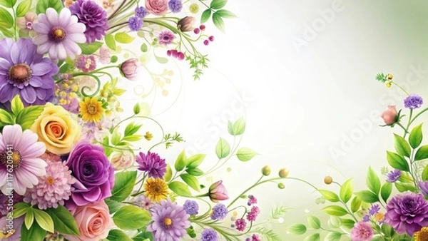 Fototapeta Swirling patterns of colorful flowers and leaves against a soft white background, purple, greenery,  purple, greenery, florals