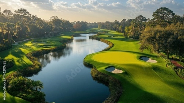 Fototapeta Scenic golf course view featuring lush greens, a winding river, and a serene landscape.