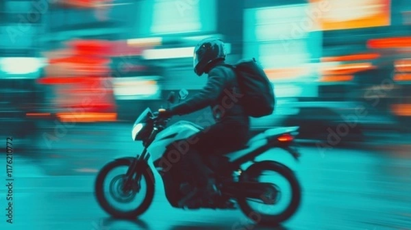 Fototapeta A motorbike courier speeds through vibrant city streets at night, maneuvering quickly around urban obstacles and glowing signs