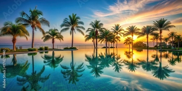 Fototapeta Tropical Pool Water Reflecting Palm Trees, serene atmosphere