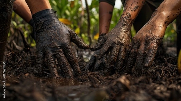 Fototapeta A group of people are working in the dirt, with their hands covered in mud