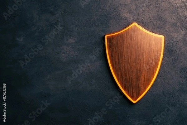 Fototapeta A polished shield emblem with a warm glow, set against a dark textured background, symbolizing protection and security.