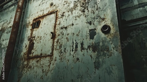Fototapeta Rusty Industrial Wall with Grunge Texture and Door Detail, Showcasing Decay and Age in an Urban Setting, Ideal for Backgrounds and Creative Projects