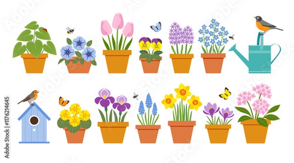 Obraz Vector set of colorful spring garden flowers in pots, birds, bees, butterflies, watering can and bird house isolated on white background.