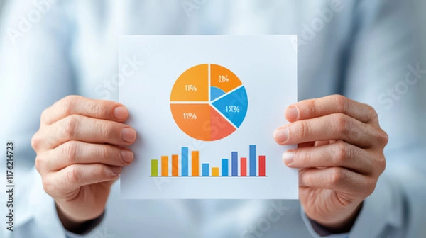 Fototapeta Analyzing data with pie chart and bar graph in hands
