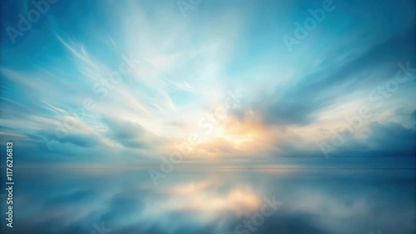 Fototapeta A blurred portrait of a cloudy sky with soft blue hues and a subtle gradient effect in an abstract studio setting against a plain white wall background , blur, abstract