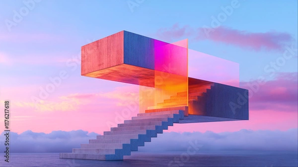 Fototapeta Abstract geometric architecture with gradient pink sky, Floating contemporary structure in surreal landscape