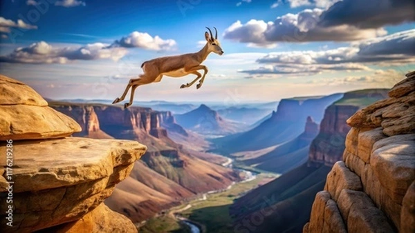 Fototapeta An antelope leaps effortlessly across a rocky outcropping in a breathtaking canyon landscape, showcasing its impressive agility and speed, movement, wildlife