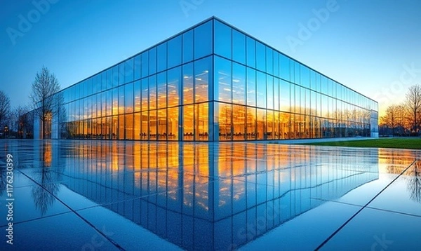 Fototapeta A modern glass building reflecting sunset colors and surrounding landscape.
