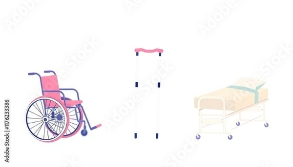 Fototapeta Medical Tools Icon Set. Icon set of a wheelchair, crutches, and medical bed with soft colors.
