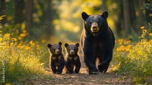 Obraz Mother Black Bear with Her Cubs Walking Along a Forest Path